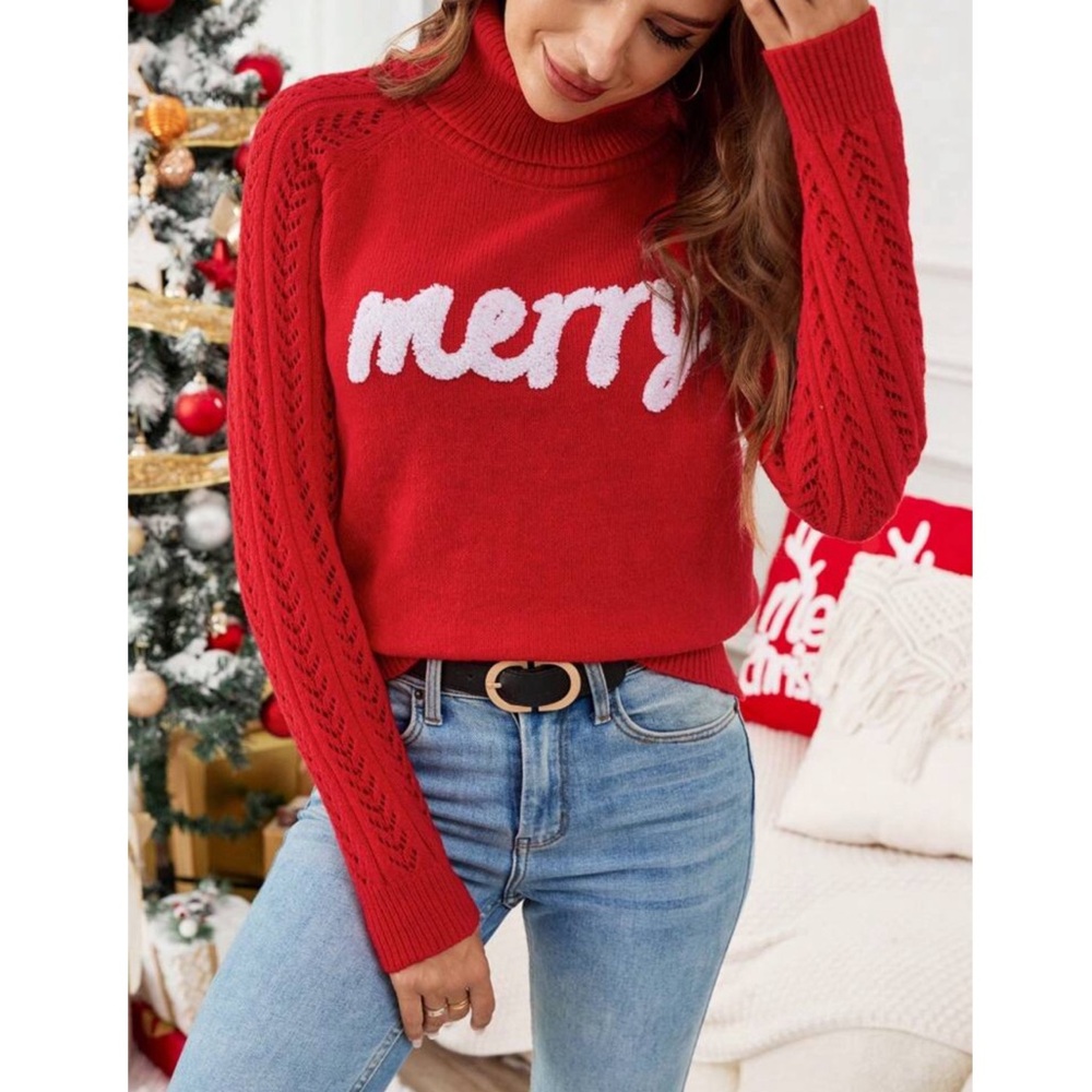 Merry Christmas Themed Knit High Neck Cable Sleeve Red Sweater - Picture 5 of 6